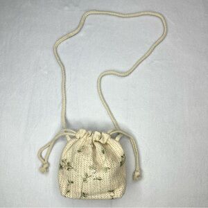 Cottagecore Mini Crossbody Bag, Beige Woven Boho Drawstring Purse, Green Leaves